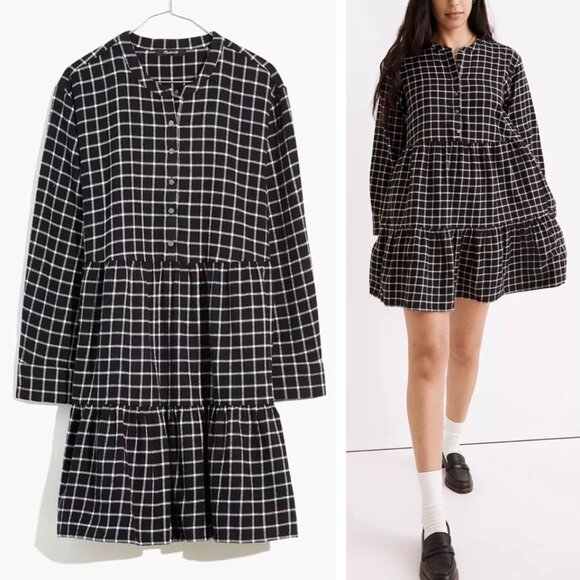 Madewell Flannel Button-Placket Tiered Mini Dress Windowpane Plaid Black S $118 - Picture 3 of 16